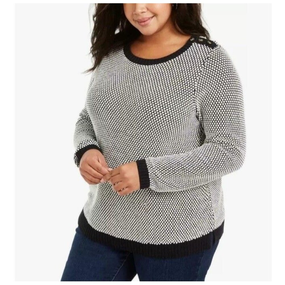 Charter Club Womens Plus 1X Deep Black Metallic Ribbed Trim Sweater NWT DD49